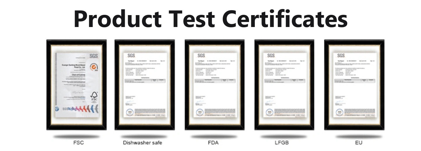 Novizon Kitchenware product test certificates - FSC, FDA, LFGB, EU and dishwasher safe certified